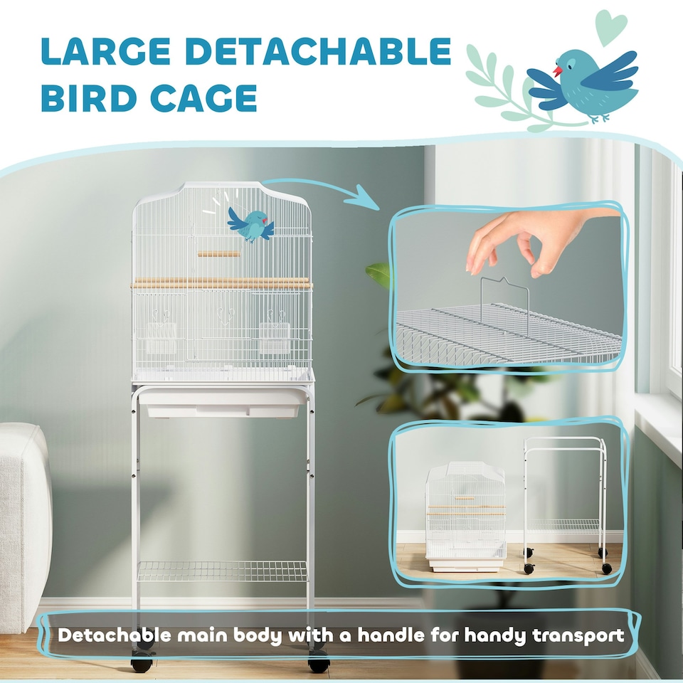 image 1 of PawHut Bird Cage for Budgie Finch Canary Parakeet W/ Stand Tray White