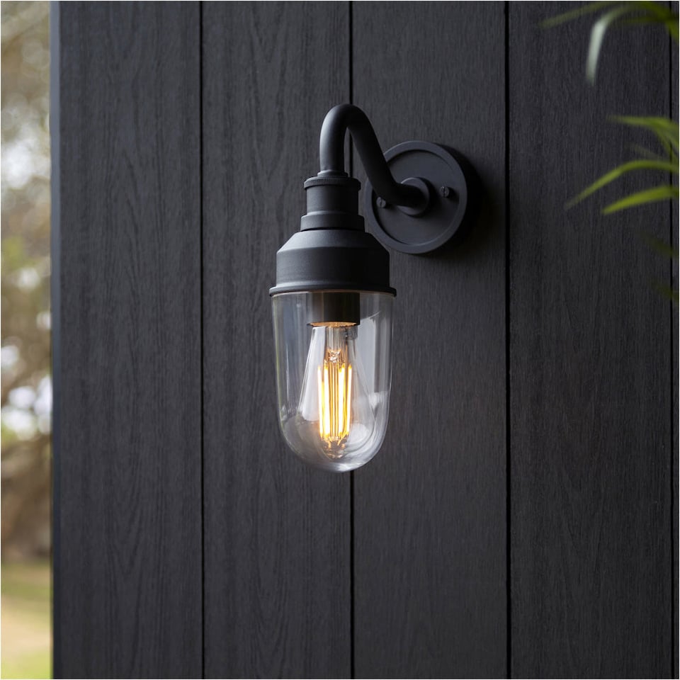 image 1 of 2 PACK IP44 Outdoor Wall Light - Textured Black Curved Arm Clear Glass Shade - Garage Porch Lamp