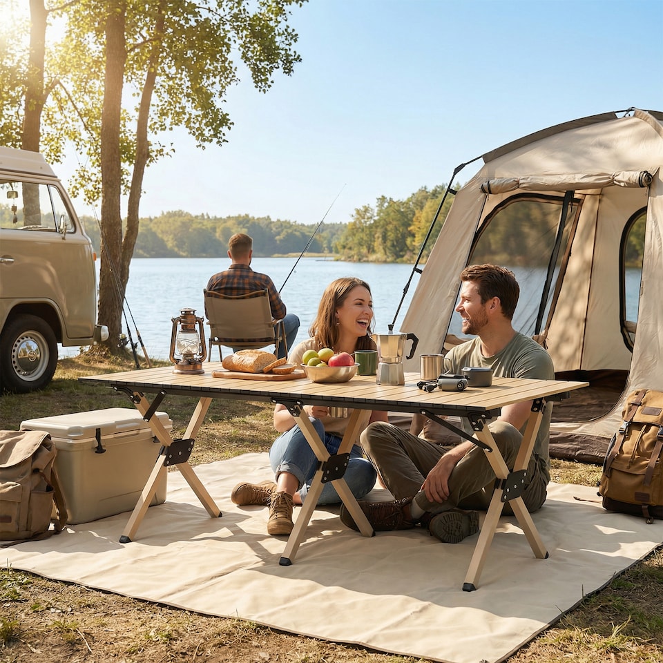 image 1 of Outsunny 4ft Folding Camping Table, Picnic Table with Roll Up Top, Brown | Brown | Dark Brown | 116 x 59 x 43 cm