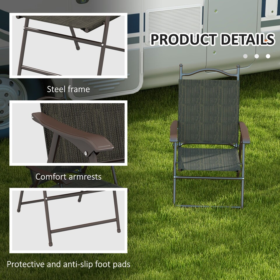 image 1 of Outsunny Folding Chairs Set of 2, Garden Chair with Armrest, Breathable Mesh Fabric Seat, Camping Sports Chairs for Adults, Dark Brown