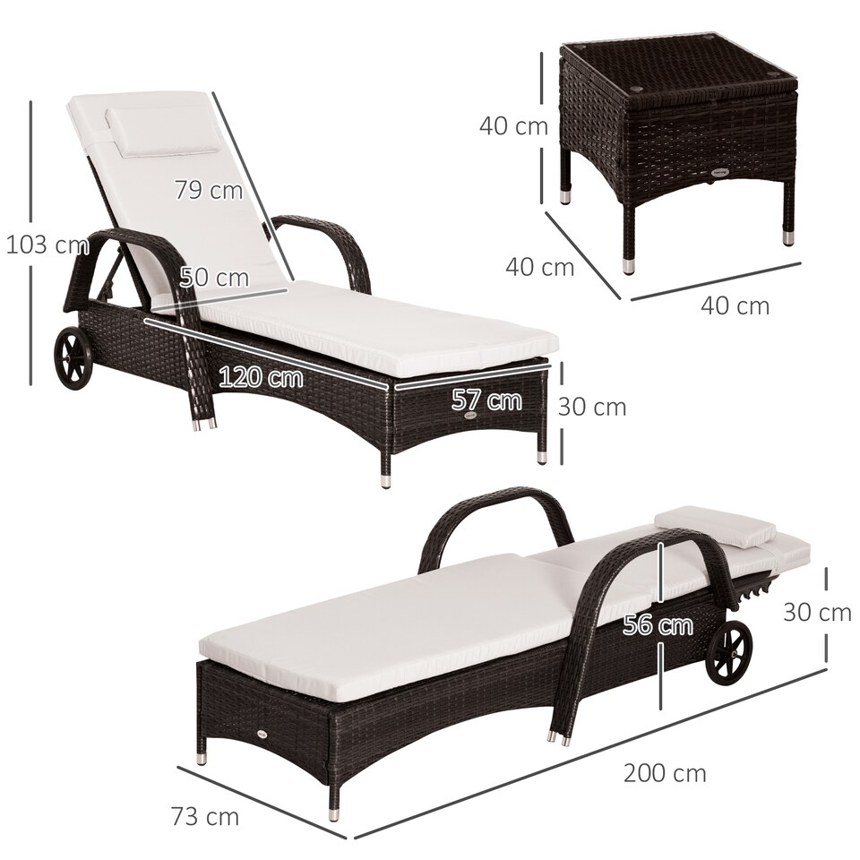 image 1 of Outsunny 3 PCS Rattan Lounger Recliner Bed Garden Furniture Set w/ Side Table | Brown | Brown