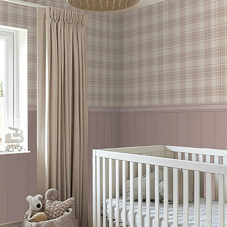 image 1 of Traditional Check Panel Wallpaper in Cream and Pink with Pink Panel Multi