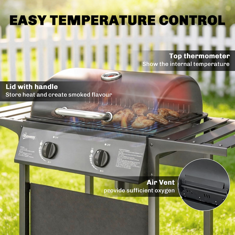 image 1 of Outsunny Gas Burner Barbecue Grill, Garden BBQ Grill with Warming Rack | Black | Black | 99 x 56 x 95 cm