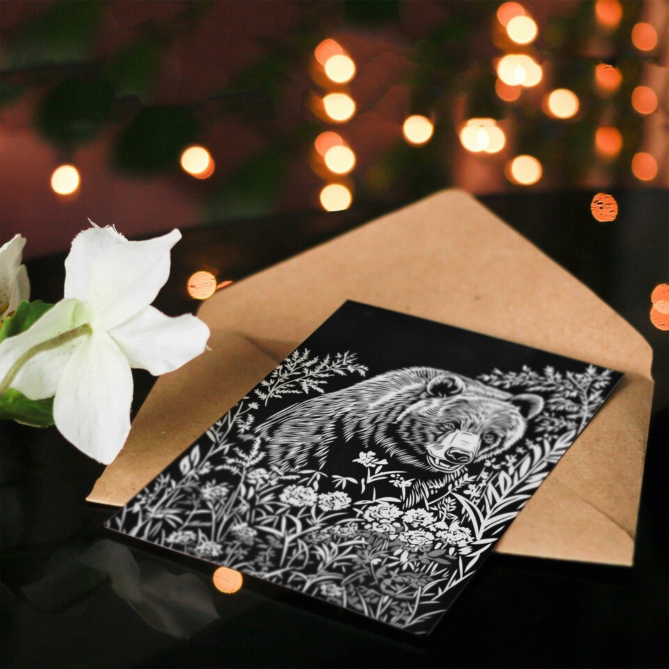 image 1 of Bear in Wildflower Meadow Black White Floral Birthday Greeting Card