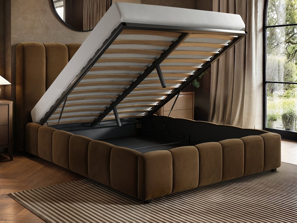 image 1 of SOLACE+CO Emilie Ribbed Ottoman Kingsize Bed Brown Velvet