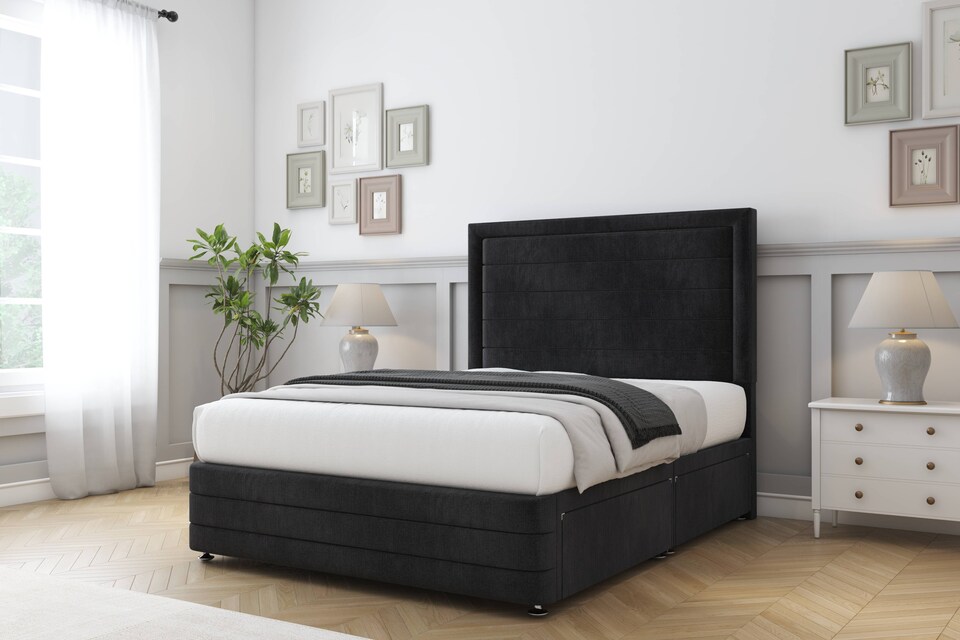 image 1 of Sloomy Ashford Black Naples Divan Bed Base 2 Drawers Left Side With 54 Inch Floor Standing Headboard & 12 Inch Matching Footboard | Black | Black | Single | 1