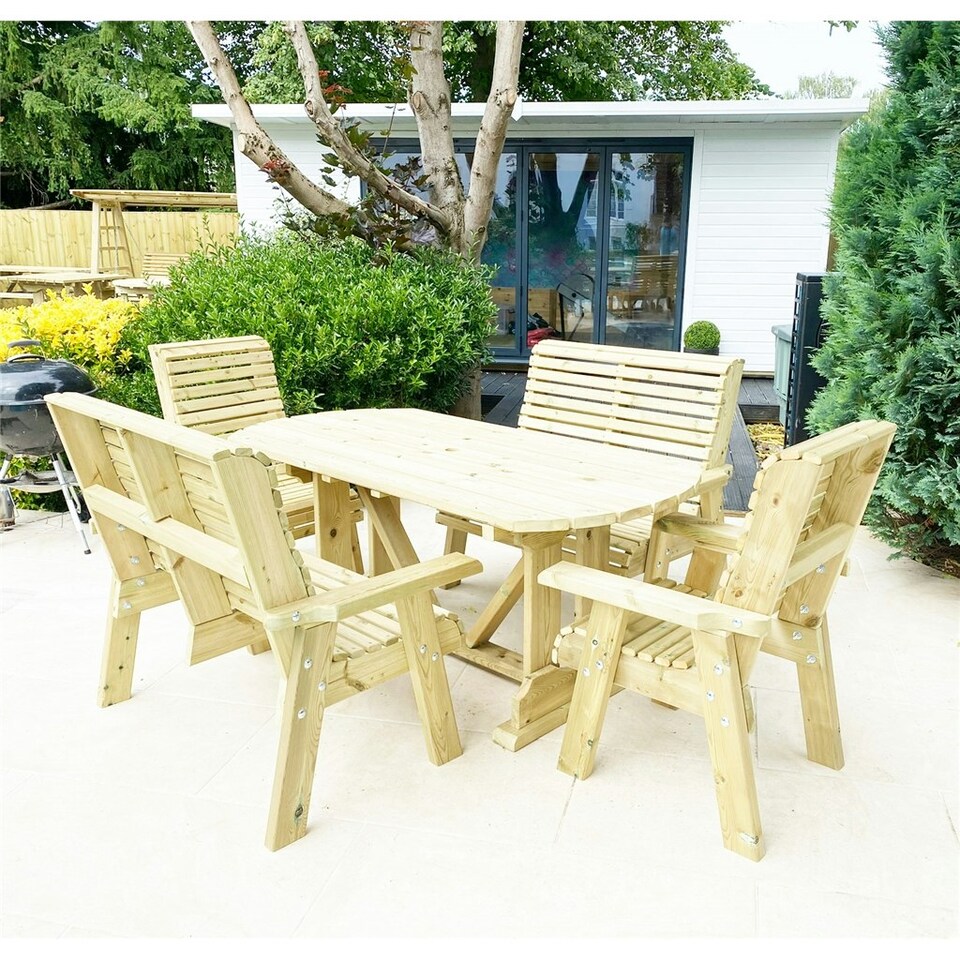 image 1 of Heavy Duty Table and Chair Set - 1 Oval Table - 2 Chairs, 2x 3 Seater Benches - 8 Seater