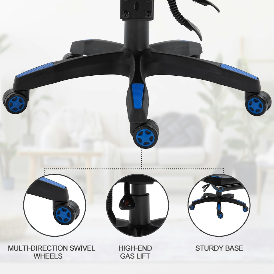 image 1 of Vinsetto Gaming Chair Ergonomic Reclining Manual Footrest Wheels Stylish Blue