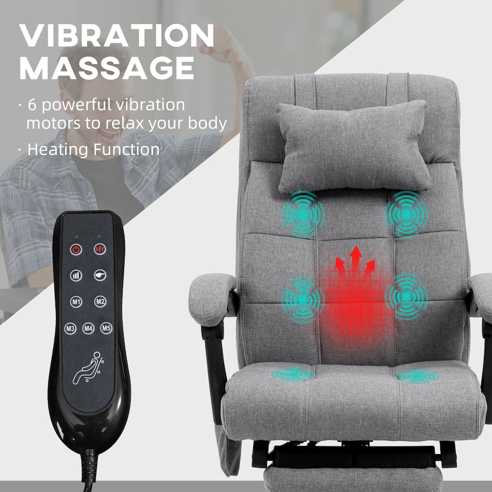 image 1 of Vinsetto Office Chair with 6-point Vibration Massage and Heat, Computer Chair with Adjustable Height, Head Pillow, Footrest for Home, Grey