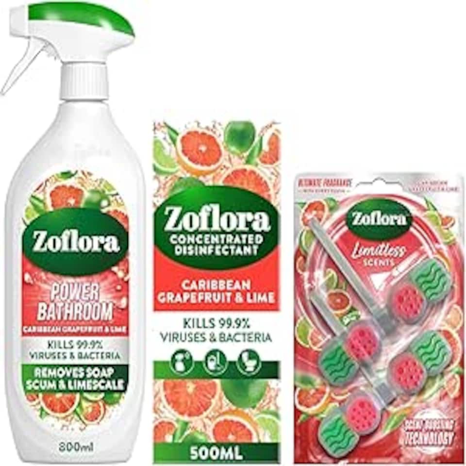Zoflora Caribbean Grapefruit & Lime Bundle - Power Bathroom Cleaner, 1x800ml, Concentrated Multipurpose Disinfectant Liquid 1x500ml & Rim Blocks, 2x131g Pack