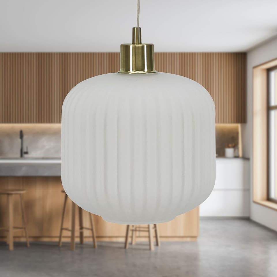 image 1 of Bento - White Ribbed Glass with Satin Brass Pendant Fitting | Gold | White | 1