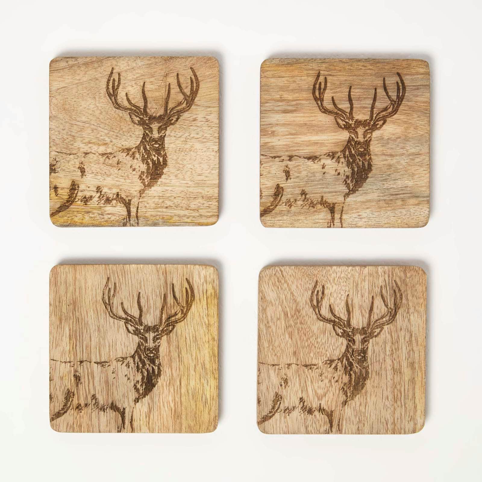 Homescapes Wooden Coaster Set with Stag Design, Set of 4 in Natural