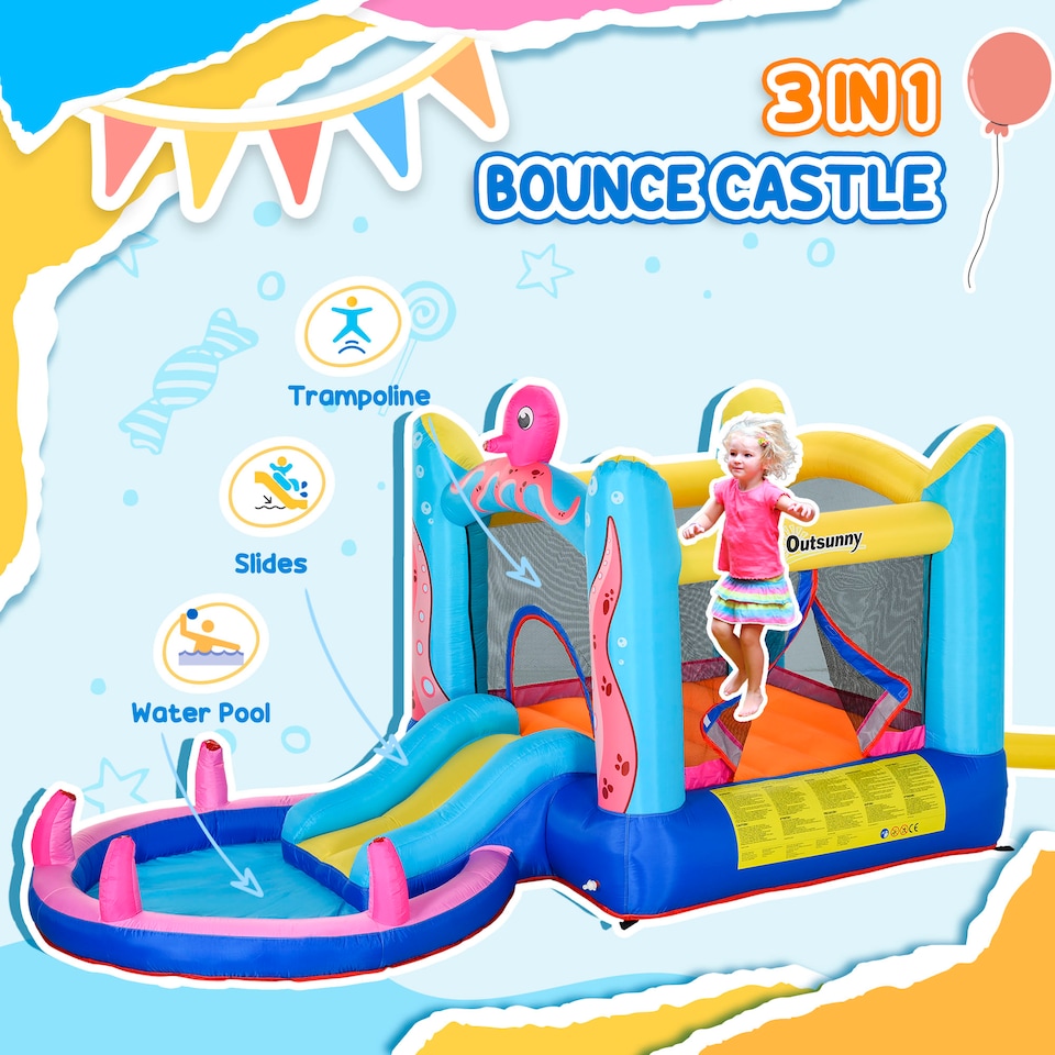 image 1 of Outsunny Bouncy Castle w Slide Water Pool Trampoline, Blower 3.6 x 1.75 x 1.8m