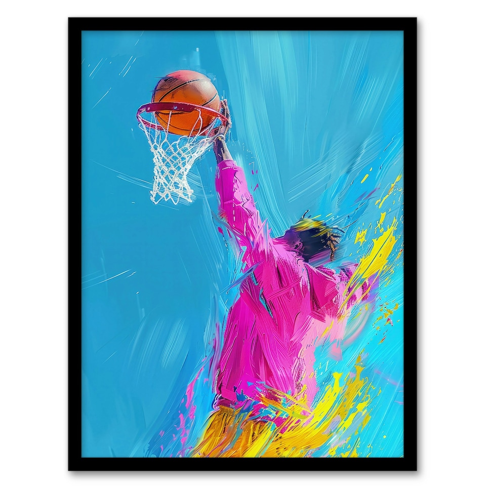 image 1 of Abstract Slam Dunk Shot Basketball Player Black Framed Wall Art Print A4