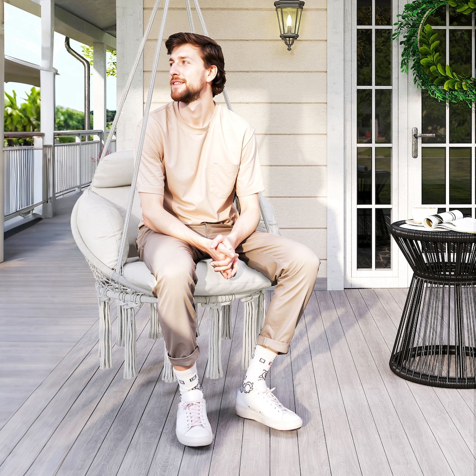 image 1 of Outsunny Hanging Chair Outdoor Hammock Chair with Soft Cushion, Cotton Rope Boho Style Swing Chair, Hanging Garden Swing Seat for Indoor Outdoor, Cream White | Cream | Cream