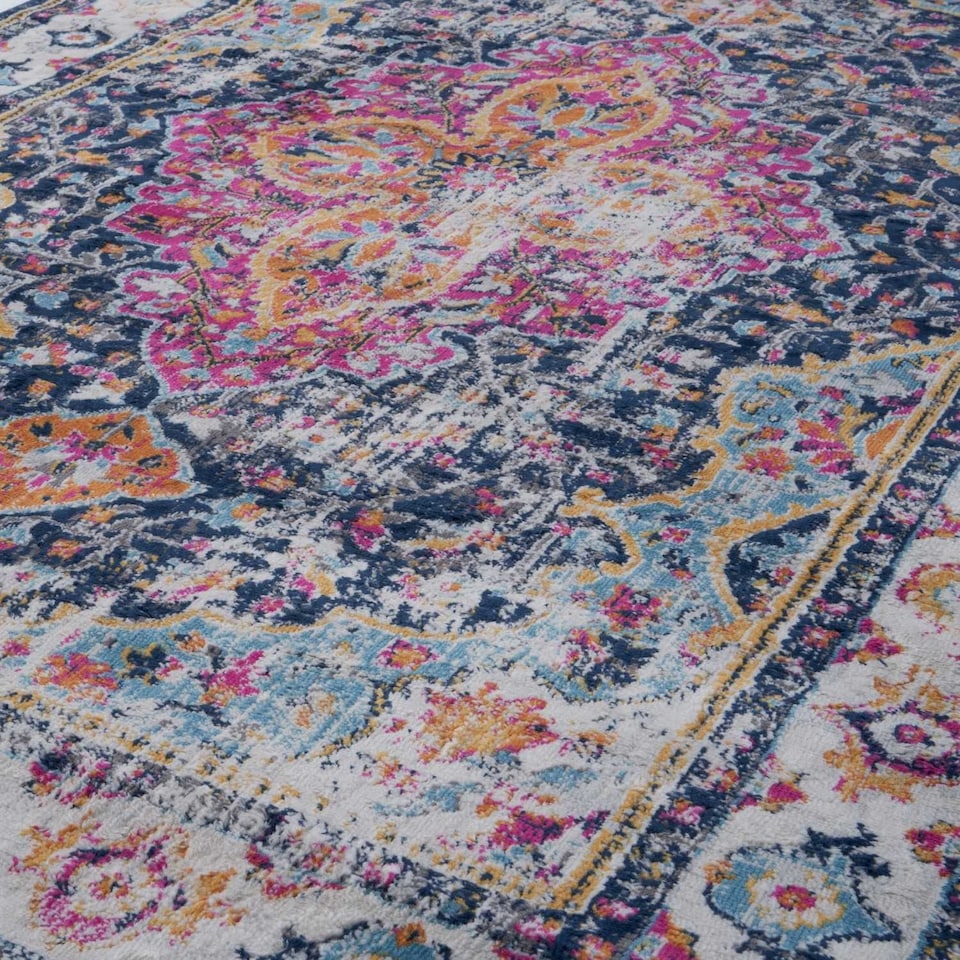 image 1 of The Rugs Marrakech Collection Pink and Navy Distressed Medallion Living Room Floor Rug and Runner | 440
