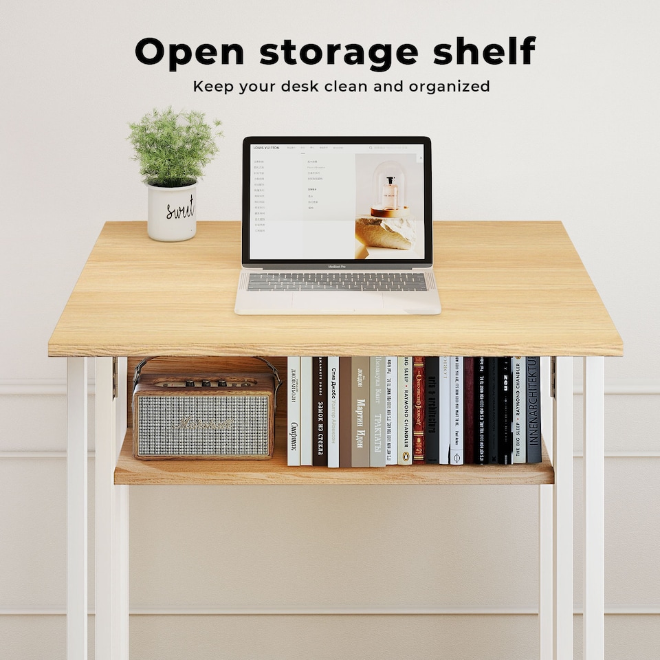 image 1 of Levede Foldable Computer Desk Folding Table with Shelf Wheels for Small Space