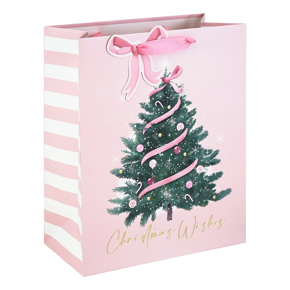 image 1 of Pink Bow Christmas Tree Embossed Large Baby Pink Gift Bag 33cm