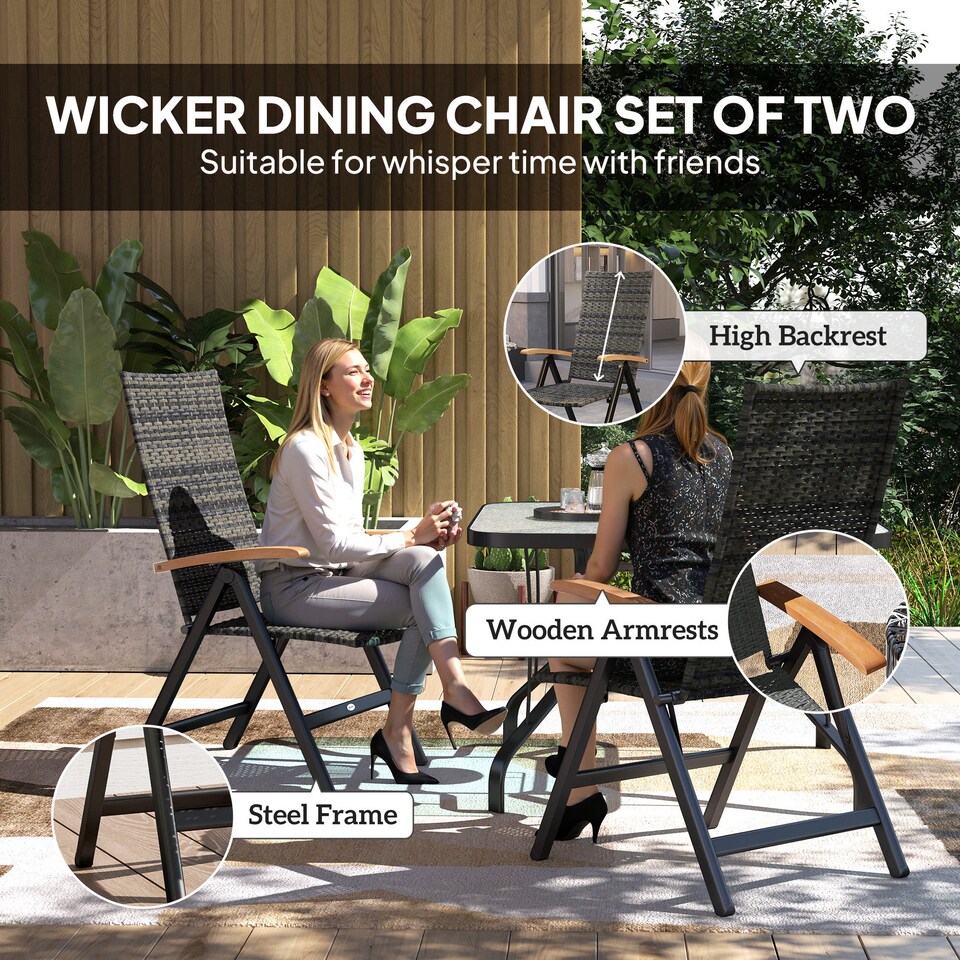 image 1 of Outsunny Folding Garden Chairs Set of 2, 5-level Reclining PE Rattan Garden Dining Chairs with Wood Armrests, High Back and Steel Frame for Outdoor, Patio, Terrace, Porch, Mixed-grey | Grey | Grey