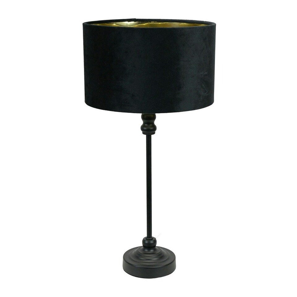 image 1 of ValueLights Maggie Black Candlestick Table Lamp with Black Velvet and Gold Inner Lamp Shade and LED Bulb Black