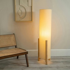 ValueLights Henry Wooden Base Midi Floor Lamp with Tall Natural Fabric Shade