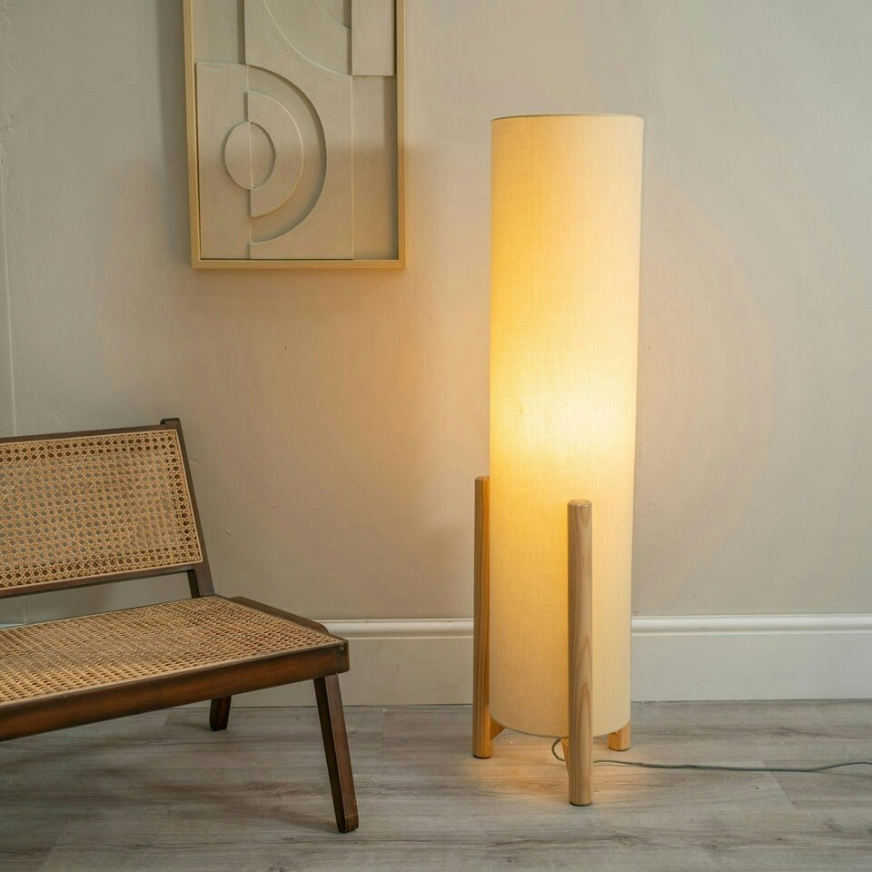 image 1 of ValueLights Henry Wooden Base Midi Floor Lamp with Tall Natural Fabric Shade