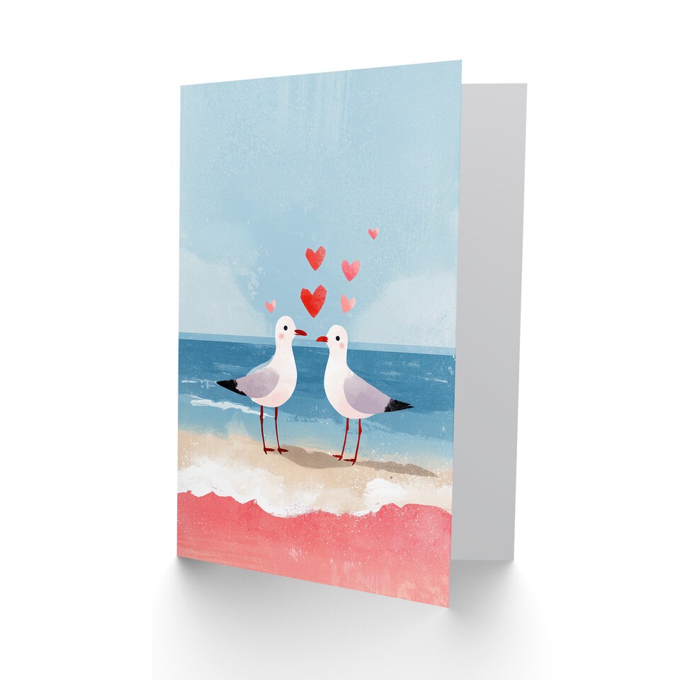 image 1 of Seabird Sweethearts Seagulls on Sandy Beach Valentine's Day Card