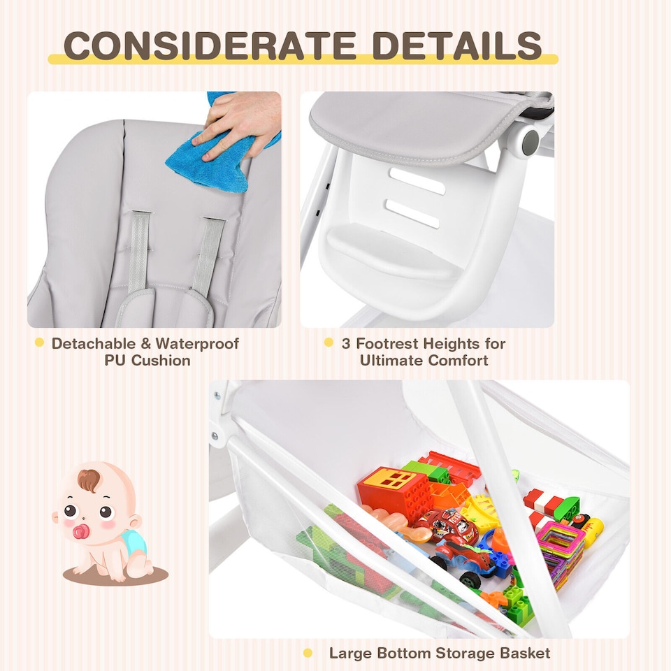 image 1 of COSTWAY Folding Baby High Chair Convertible Dining Chair Portable Highchair-Grey