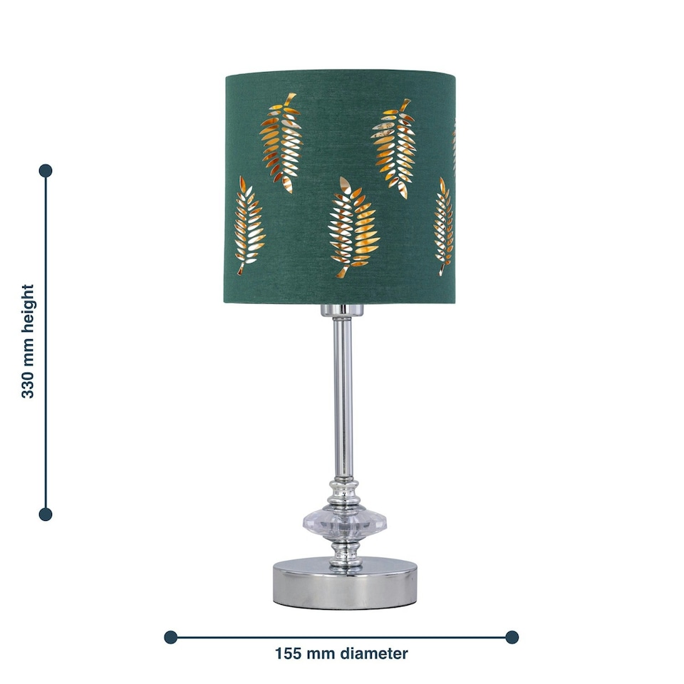 image 1 of First Choice Lighting Set of 2 Chrome Jewelled Table Lamps with Dark Green Fern Shades Chrome | Green