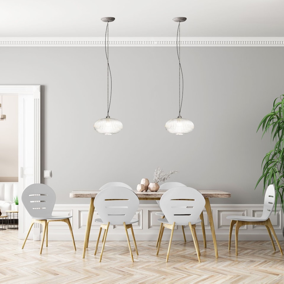 image 1 of Modern Designer Clear Transparent Line Ribbed Glass Oval Pendant Lamp Shade | Clear | Transparent | 1
