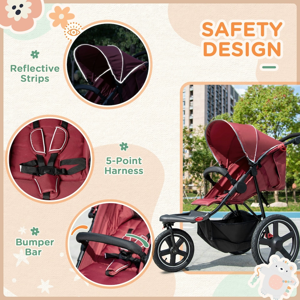 image 1 of HOMCOM Foldable Three-Wheeler Baby Stroller w/ Sun Canopy, Storage - Red
