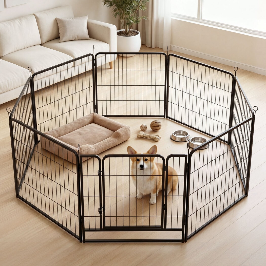 Skylos Dog Pen 8 Panel Steel Playpen Foldable Indoor Outdoor Pet Enclosure Black