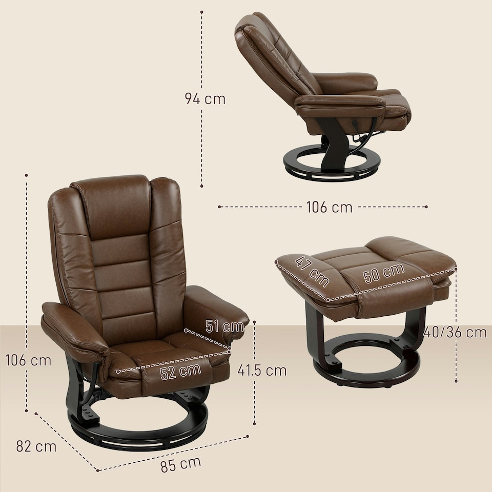 image 1 of HOMCOM Swivel Manual Recliner and Footrest Set PU Leather Chair Brown Brown | Dark Brown