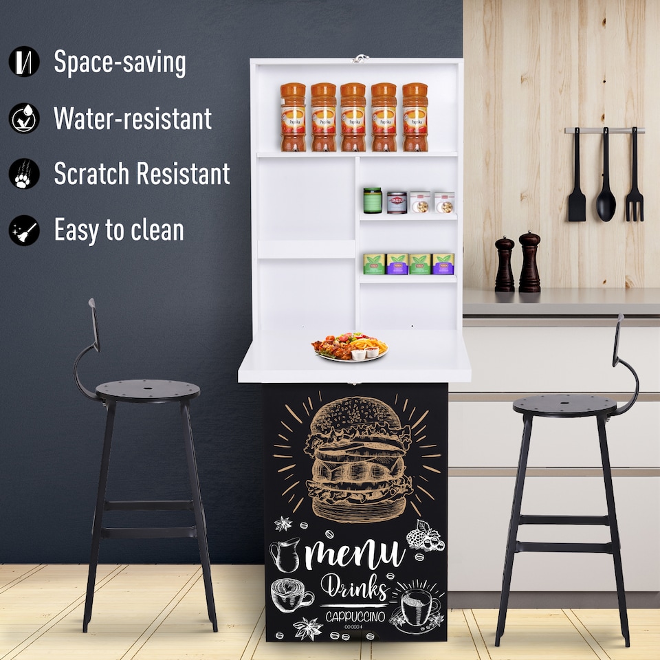 image 1 of HOMCOM Folding Wall-Mounted Drop-Leaf Table w/Chalkboard Shelf