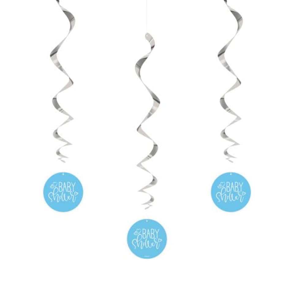 image 1 of Blue Hearts Baby Shower Swirl Hanging Decorations 66cm - Pack of 3