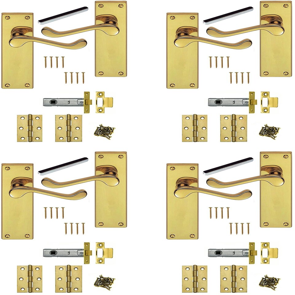 image 1 of Golden Grace 4 Sets Scroll Door Handles Lever Latch in Polished Brass Finish with Hinges and Latches - 150mm x 42mm Gold