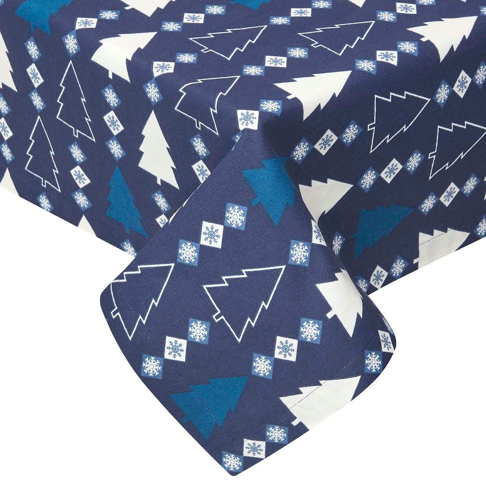 image 1 of Homescapes Blue Winterland 100% Cotton Round Christmas Tablecloth - 178 cm
