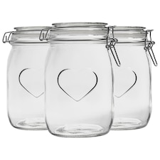 Nicola Spring Heart Glass Storage Jars - 1 Litre - Clear Seal - Pack of 3