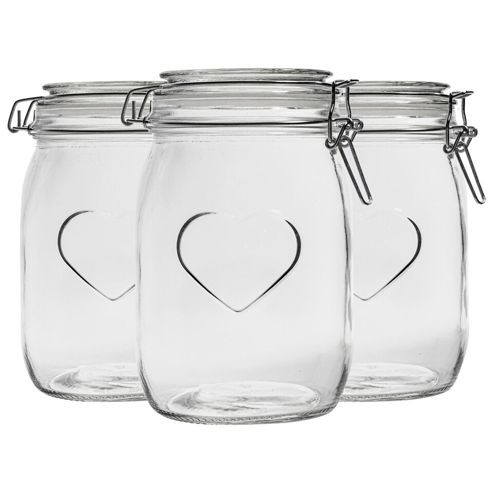 image 1 of Nicola Spring Heart Glass Storage Jars - 1 Litre - Clear Seal - Pack of 3