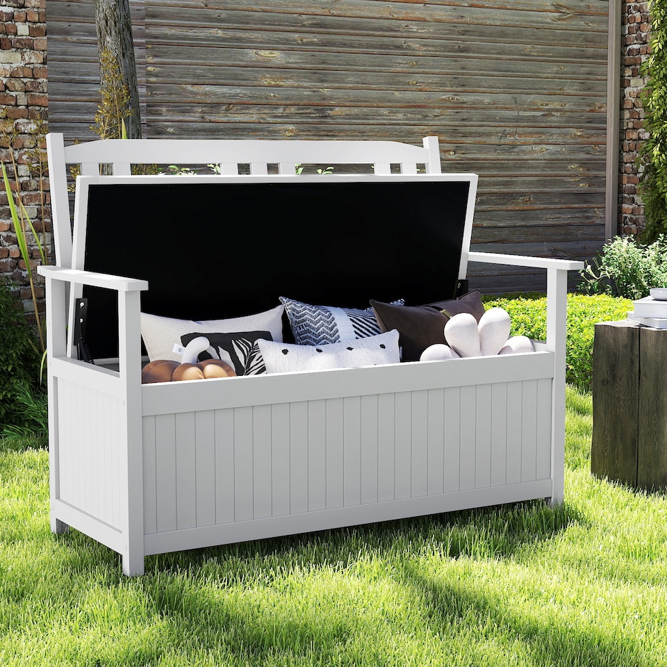 image 1 of COSTWAY 185L Patio Storage Bench Solid Wood Storage Loveseat with Backrest