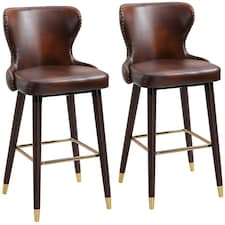 HOMCOM Bar Stools Set of 2, PU Leather Barstools with Backrest, Footrest and Solid Wood Legs, Dining Stools for Kitchen, Counter, Breakfast Bar, Brown