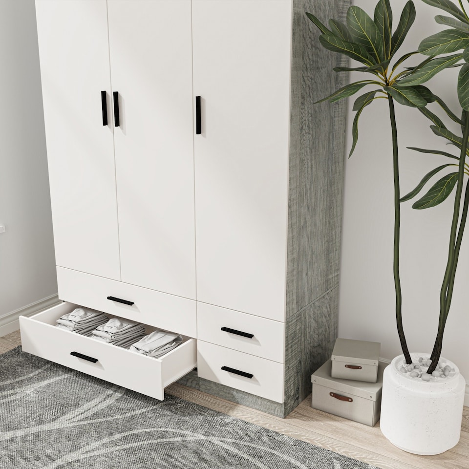 image 1 of 3 Door 4 Drawer Wardrobe With Hanging Rail And Storage Shelf | Grey | Ash Grey Carcass & White Door | 1