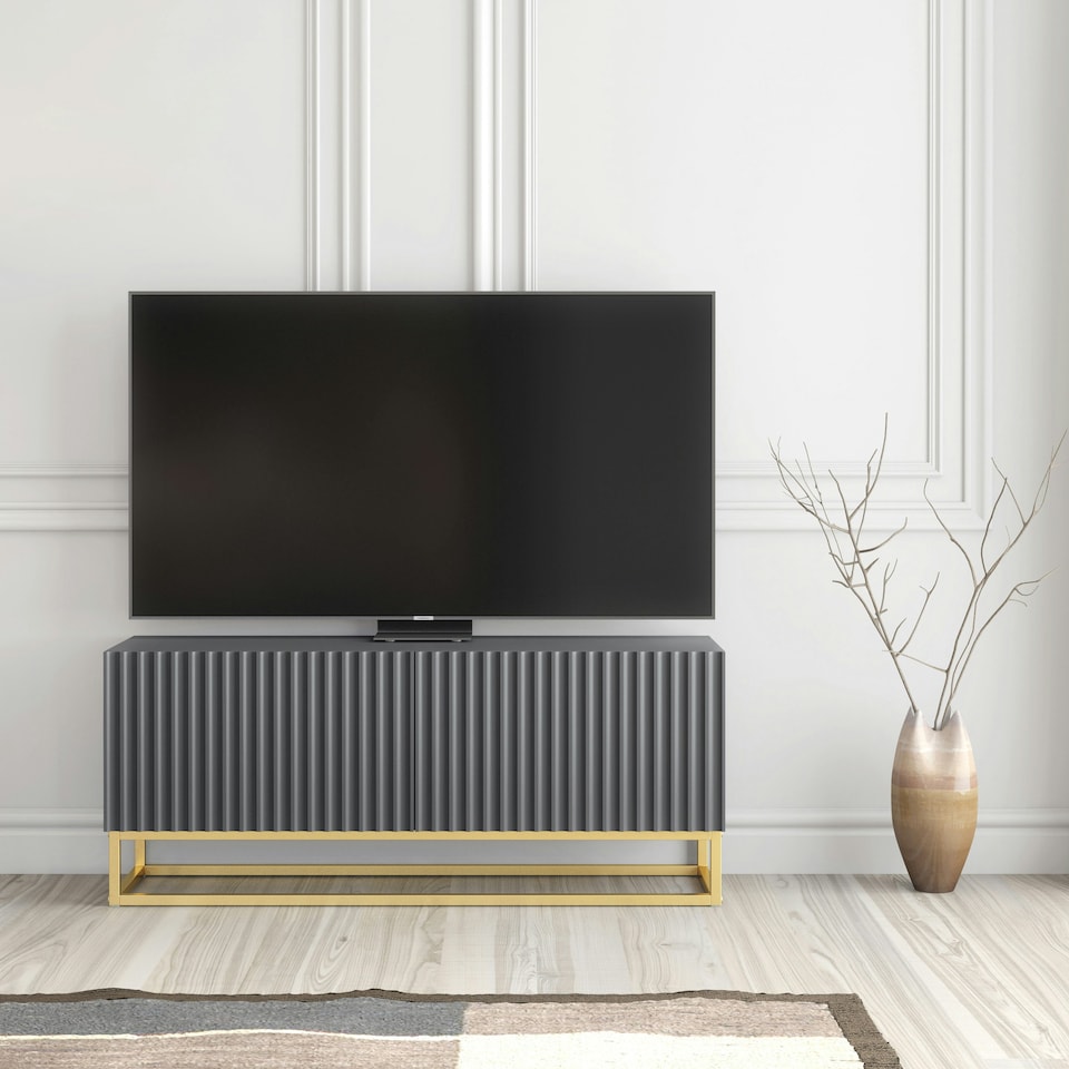image 1 of TV Unit 100cm Grey Matt Fluted Fronts with Gold Metal Base Grey