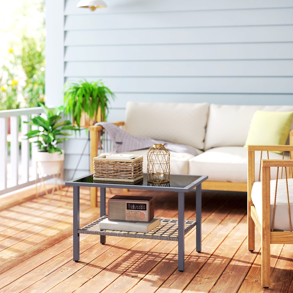 image 1 of Outsunny Outdoor Rattan Coffee Table, Rectangular Tea Side Table with Tempered Glass Top, Storage Shelf, Foot Pads, Garden Furniture for Patio, Balcony, Mixed-grey | Grey | Mixed-grey