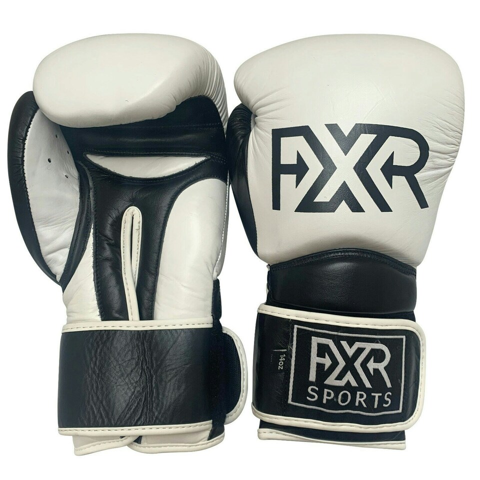 BLACK/WHITE COWHIDE LEATHER BOXING GLOVES 14oz | Black