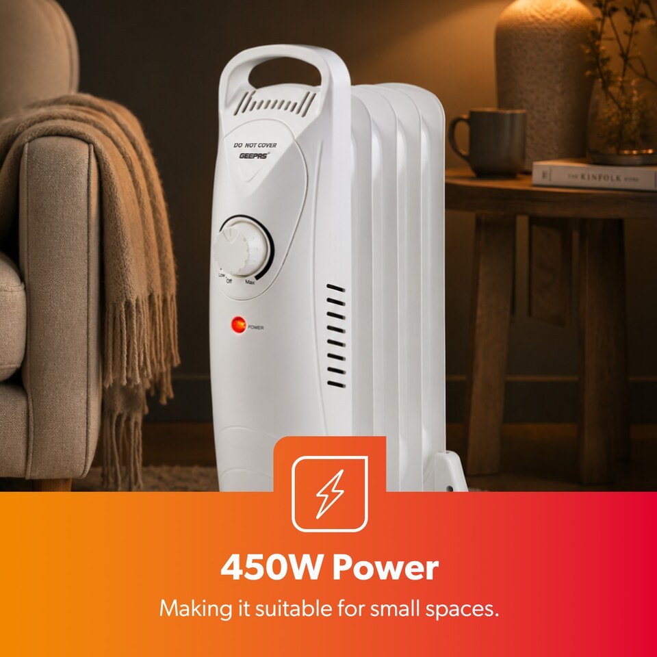 image 1 of GEEPAS 5 Fin Oil Filled Radiator Heater 450W White