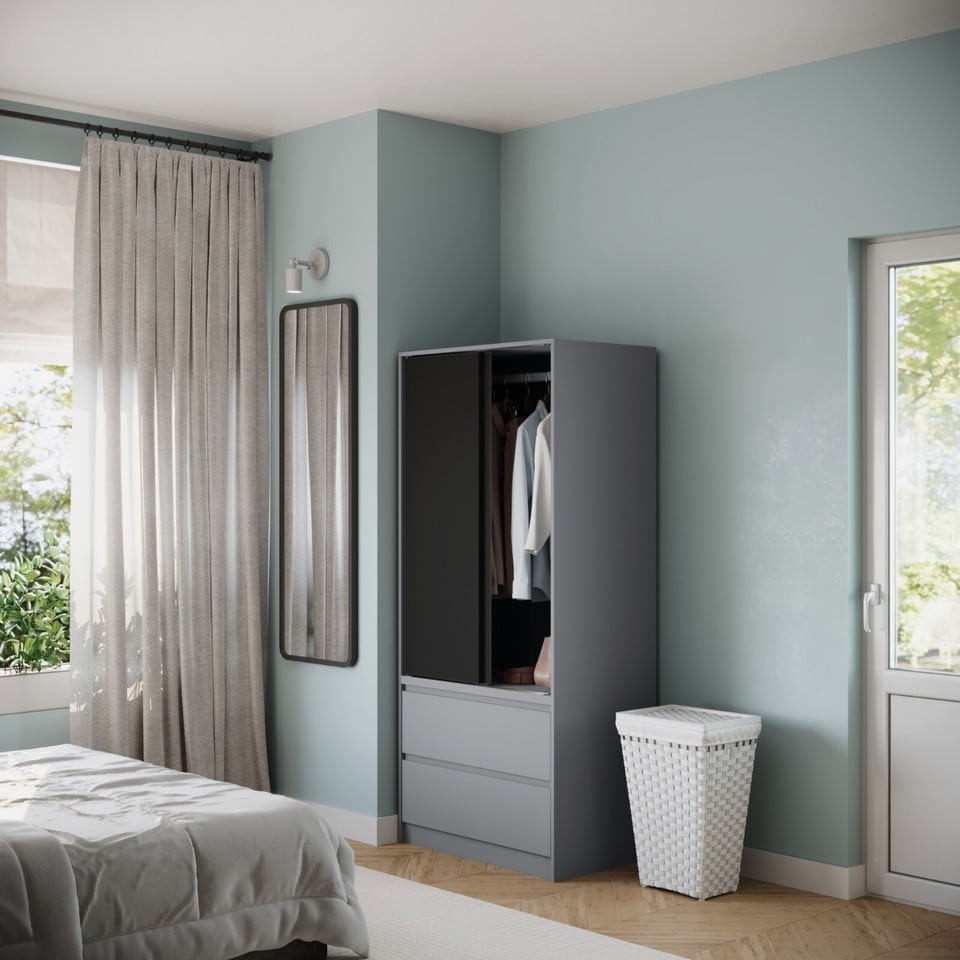 image 1 of URBNLIVING 2 Sliding Door Wardrobe With 2 Drawers And Hanging Rail | Grey | Black Doors | 1