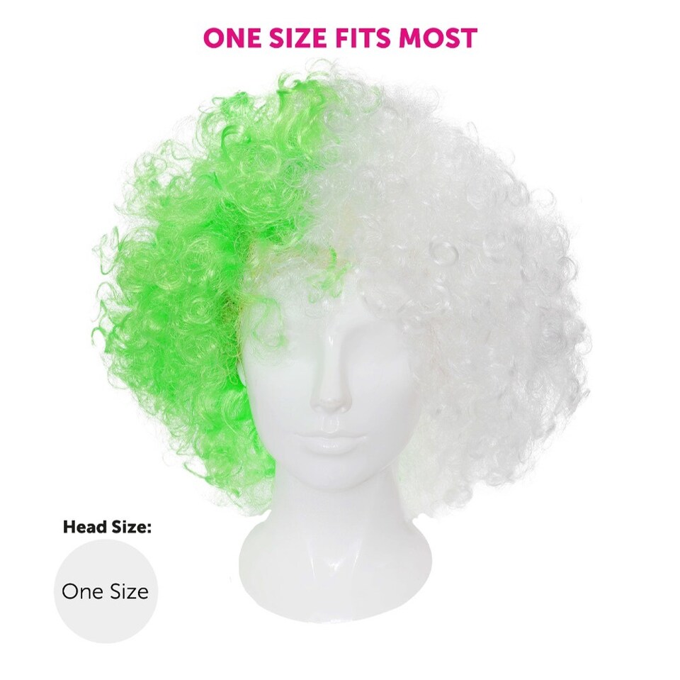 image 1 of Supporters Green and White Curly Wig | Green | 6