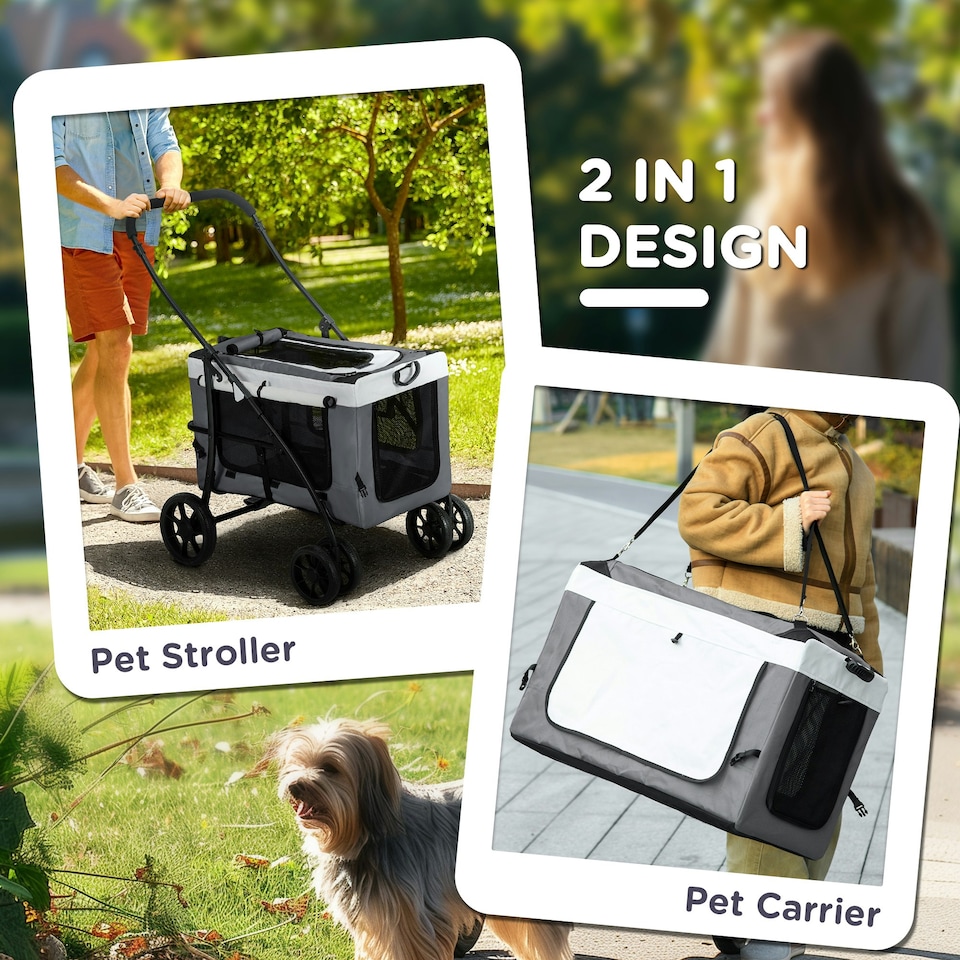 image 1 of PawHut Foldable Pet Stroller w/ Detachable Carrier, Soft Padding - Grey