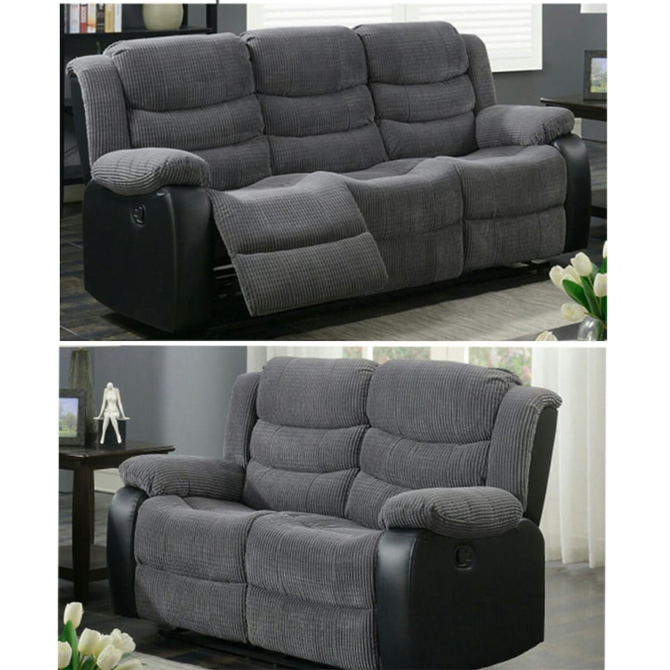 image 1 of Roma Recliner Leather 3 Plus 2 Seater Sofa Set, Armchair Inspired Home Theatre and Living Room Seating  Black Grey | Grey Jumbo cord & Black leather trim